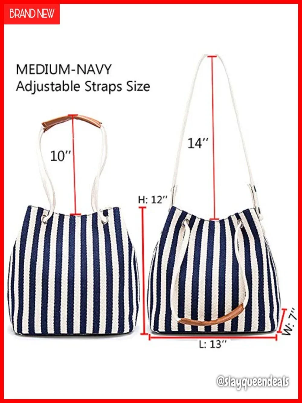 Canvas Striped Hobo Tote Adjustable Strap Work Beach Bag